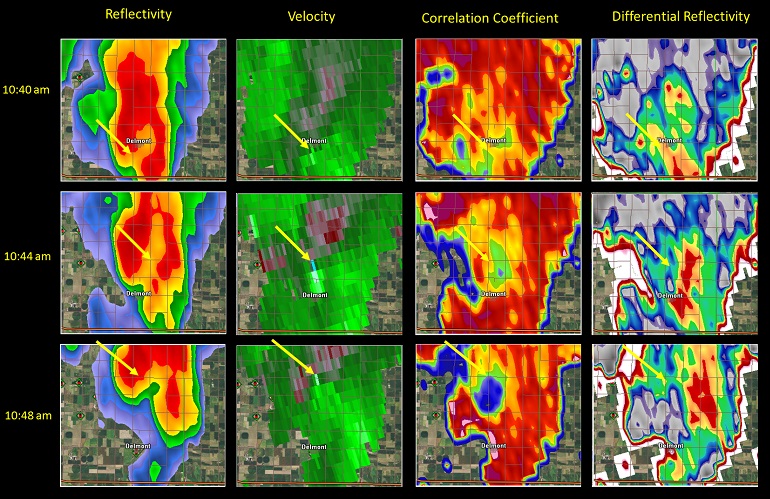 Reflecitivity, velocity, correlation coefficient and differential reflectivity at 9500 ft.