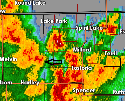 Reflectivity image from 2:21 PM CDT 7 miles south of Lake Park, Iowa