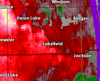 Velocity image as damaging winds move through Worthington, Minnesota.