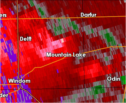 Velocity image as damaging winds move through Worthington, Minnesota.