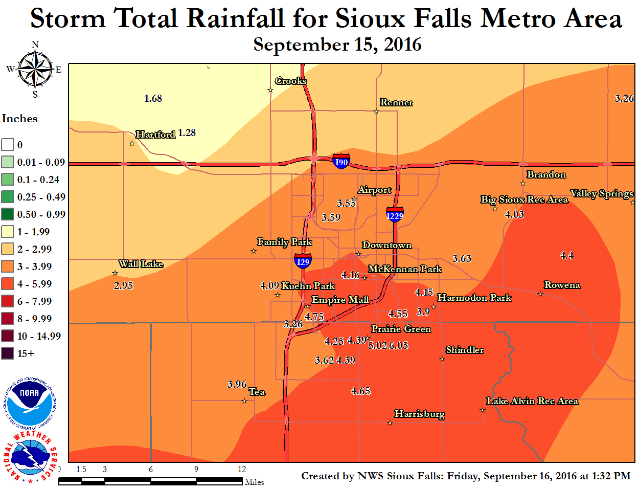 Rainfall on September 15, 2016 in the Sioux Falls metro area