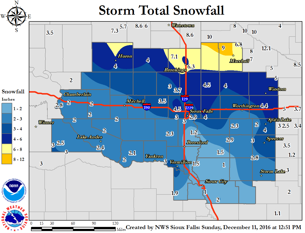 Map of snowfall totals from December 10-11, 2016