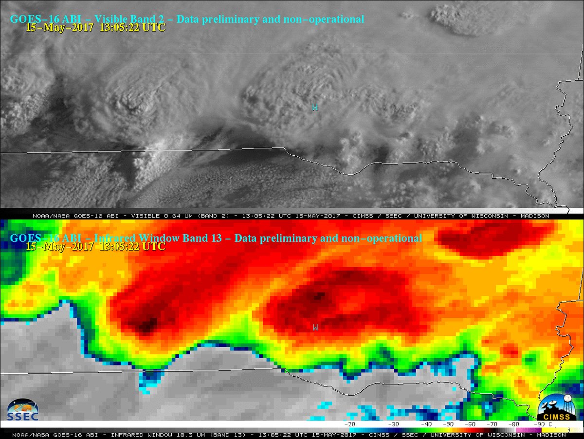 Visible and infrared satellite image of storms over southern South Dakota as 80 mph winds reach Armour, SD.