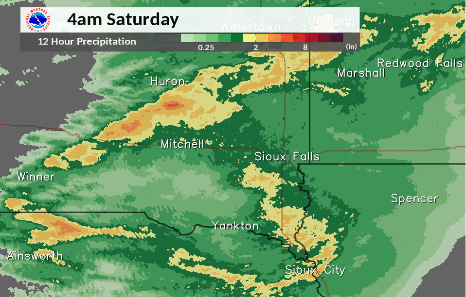 Map of estimated precipitation between 4 pm Friday afternoon and 4 am Saturday morning.