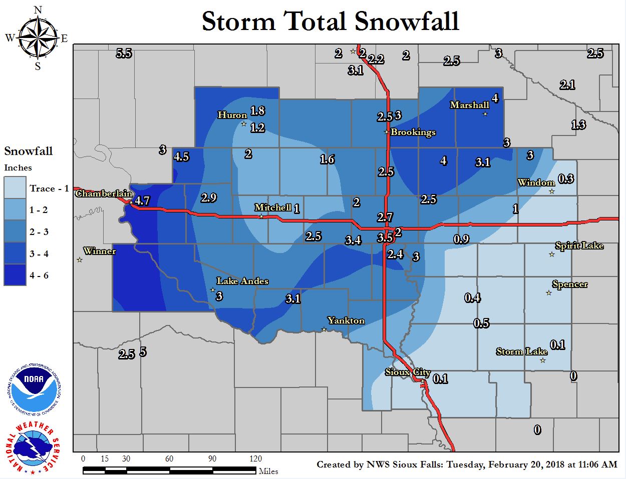 Map of snowfall reports ending Tuesday morning, February 20, 2018