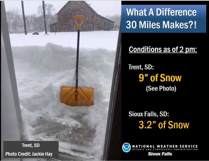 Image from Trent South Dakota, with text describing the tight snowfall gradient between there and Sioux Falls