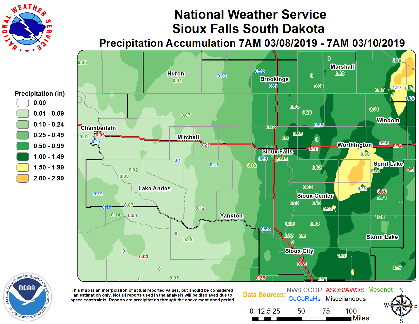 Map of rain/melted snow totals for March 9, 2019