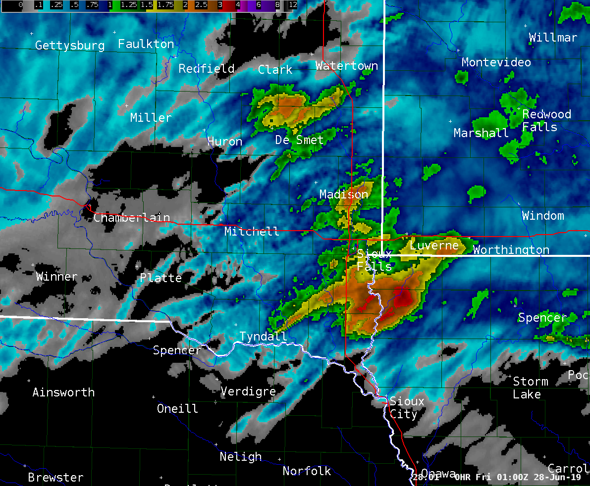 Radar-estimated rainfall across the area. Highest amounts were just south and southeast of Sioux Falls.