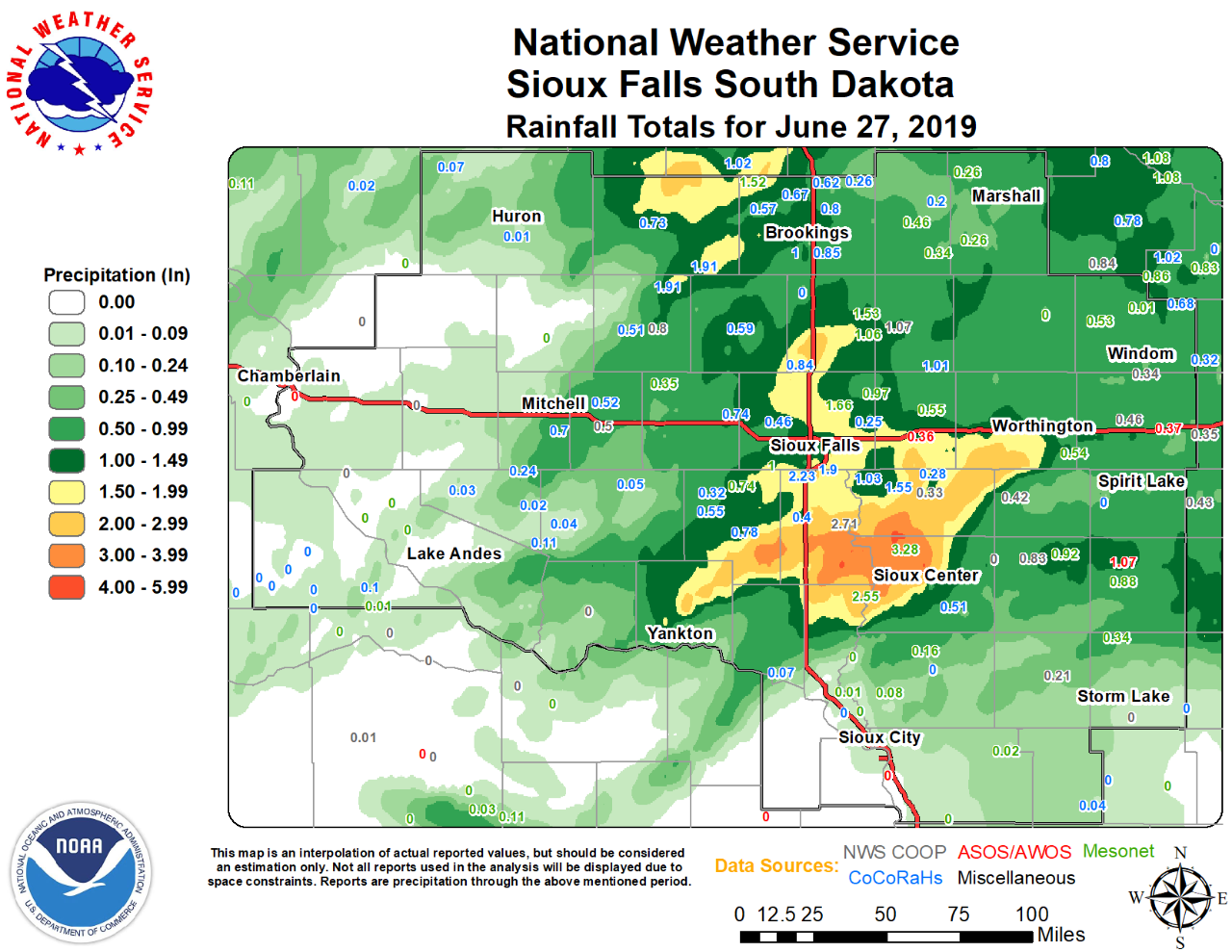 Map of rainfall totals for June 27, 2019