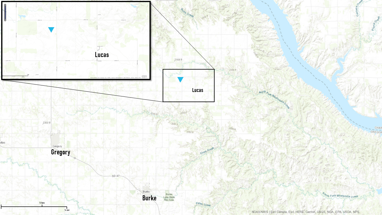 Map showing track of slow-moving tornado northwest of Lucas, SD on June 30, 2019