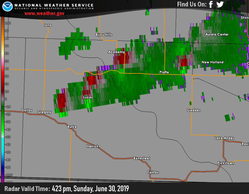 Radar Storm Relative Velocity image showing multiple rotating storms at 423 pm.