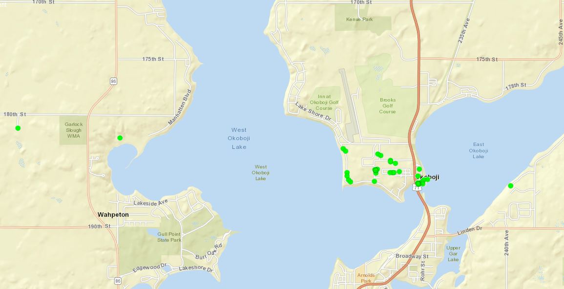 Map of wind damage around Lake Okoboji Iowa