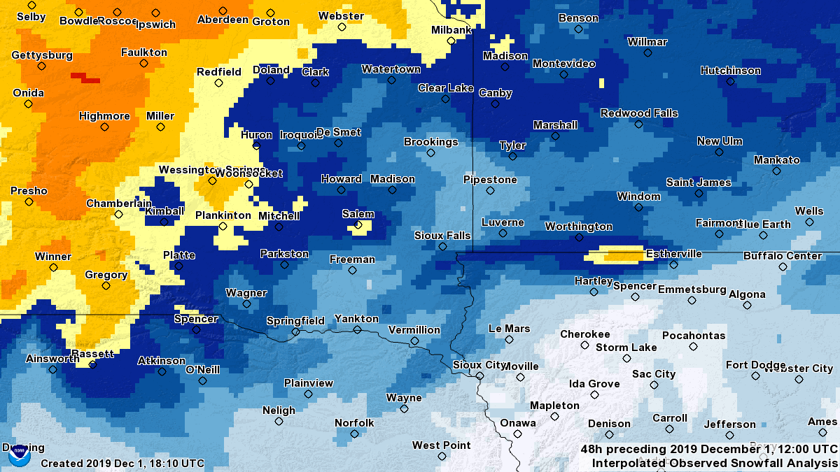 Map of 48-hour Snowfall for November 29-December 1, 2019