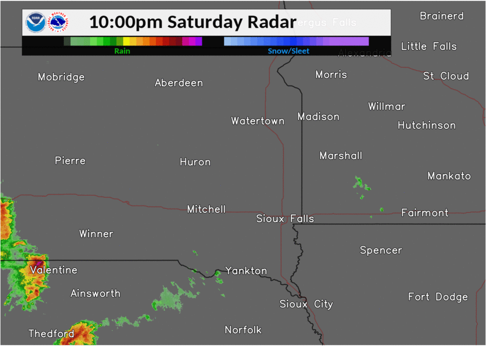 Radar Loop from 10 pm Saturday evening through 4 am Sunday morning.