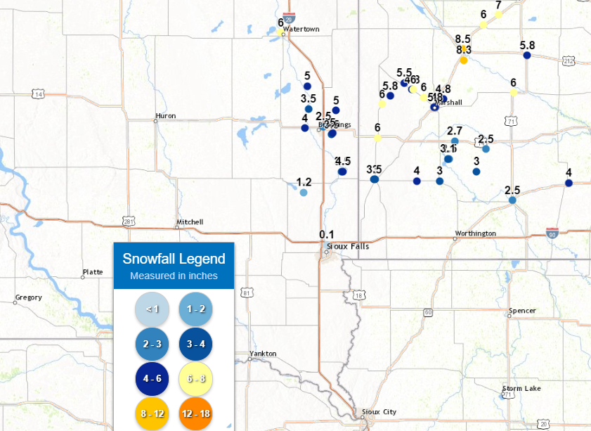 Map plotting snowfall reports for October 20, 2020