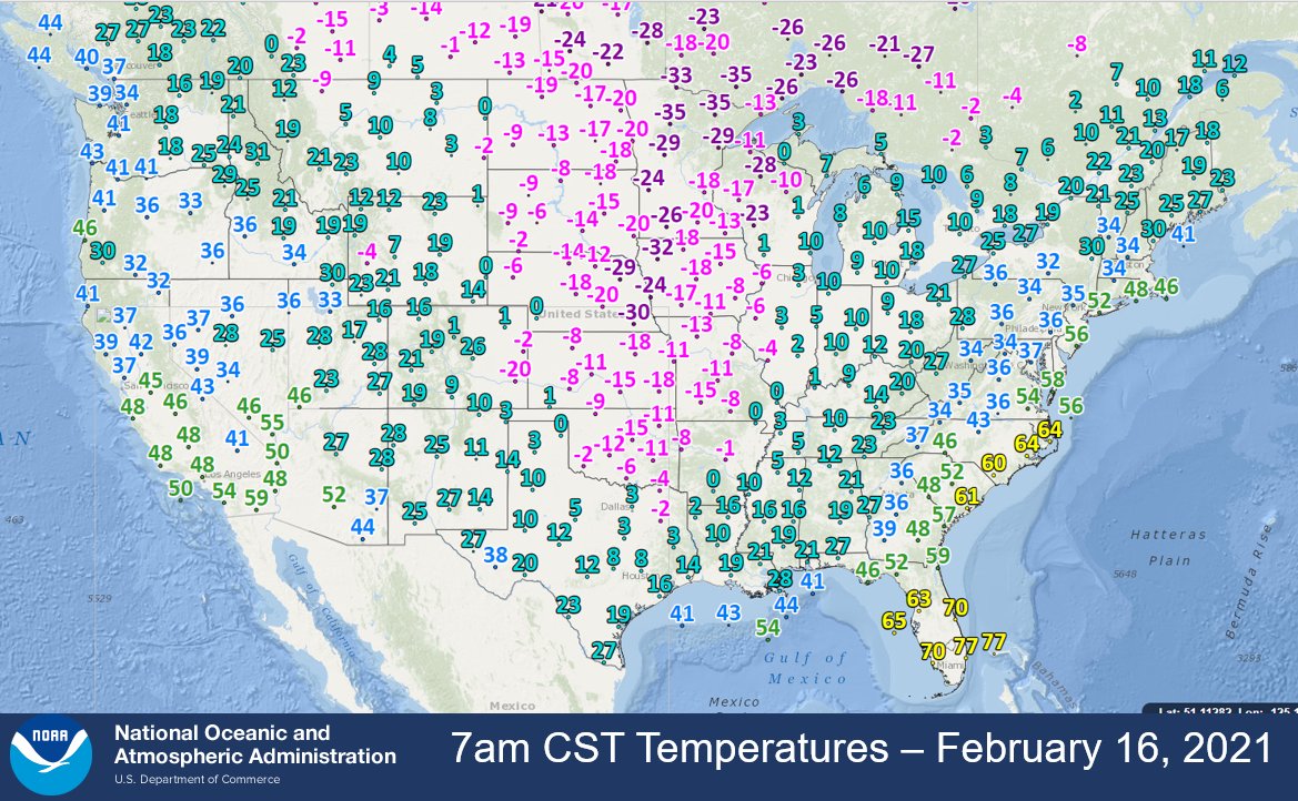 Another brutally cold morning in the nation's midsection, with sub-zero temperatures into northeast Texas - February 16, 2021