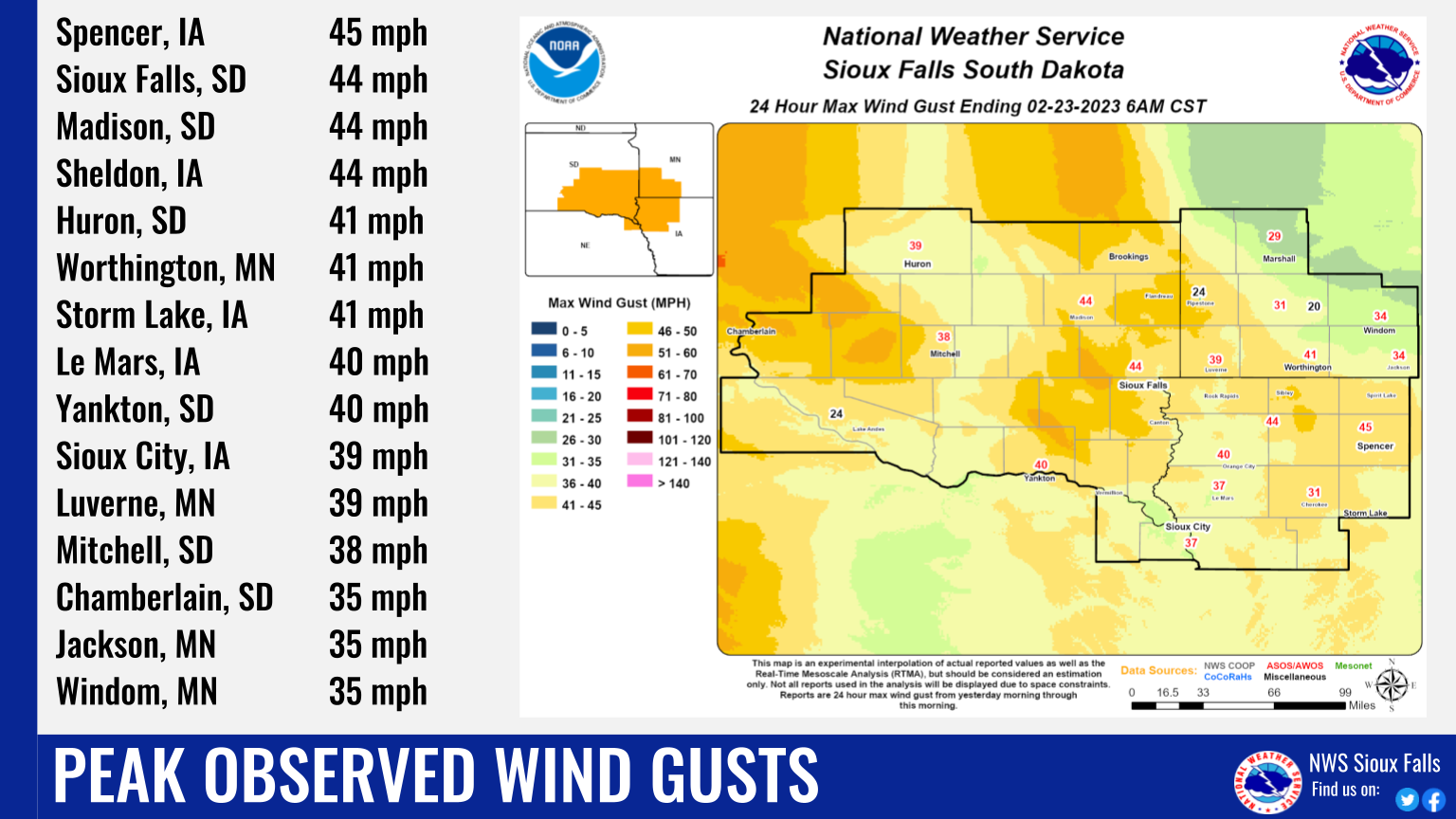 Map of peak wind gusts (35-45 mph) during the blizzard. 