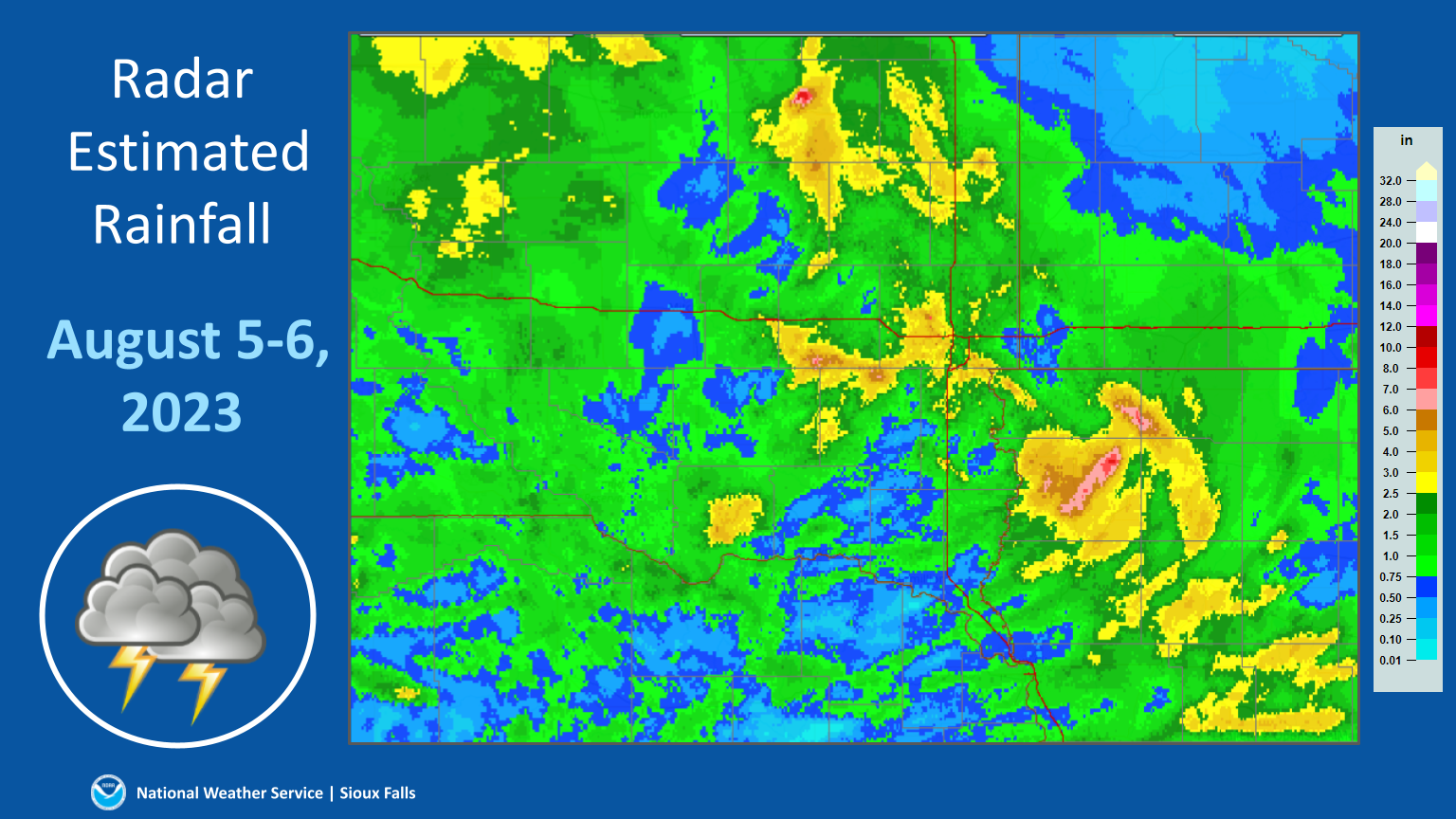 Map of radar estimated rainfall for August 5 and 6, 2023. Roughly 10 inches or more is estimated to have fallen in Kingusry county South Dakota as well as Sioux county and far eastern Lyon county Iowa. Other areas of greater than 5 inches fell from Bon Homme county to Brookings county in South Dakota as well as more widespread areas of northwestern Iowa.