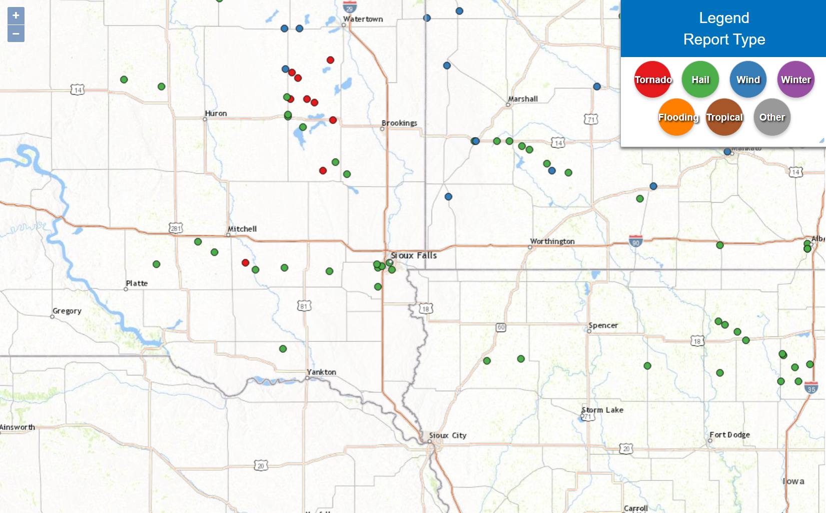 A map showing locations of severe weather reports across southeast South Dakota, southwest Minnesota, and northwest Iowa on August 10th and 11th 2023