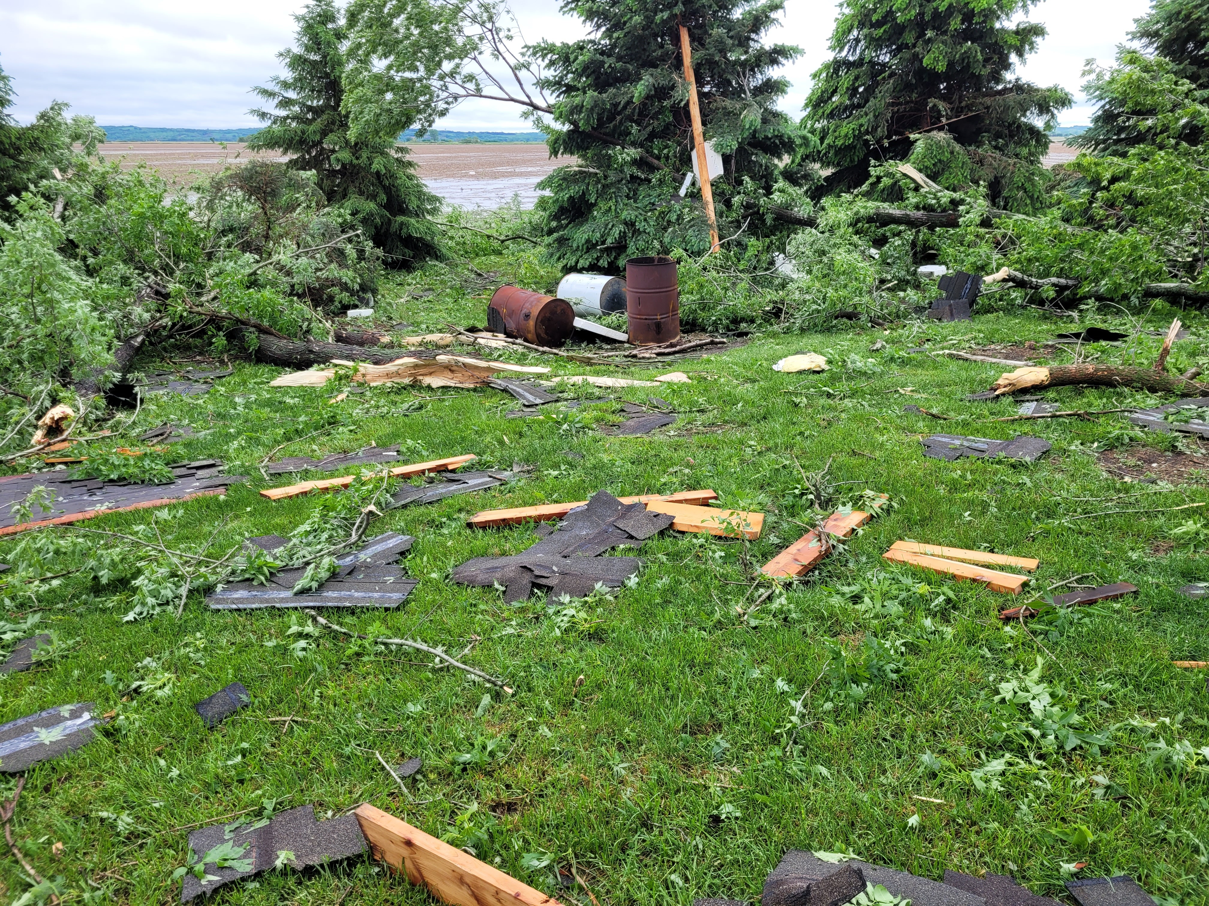 Shingles and wood from a home, as well as trees down.