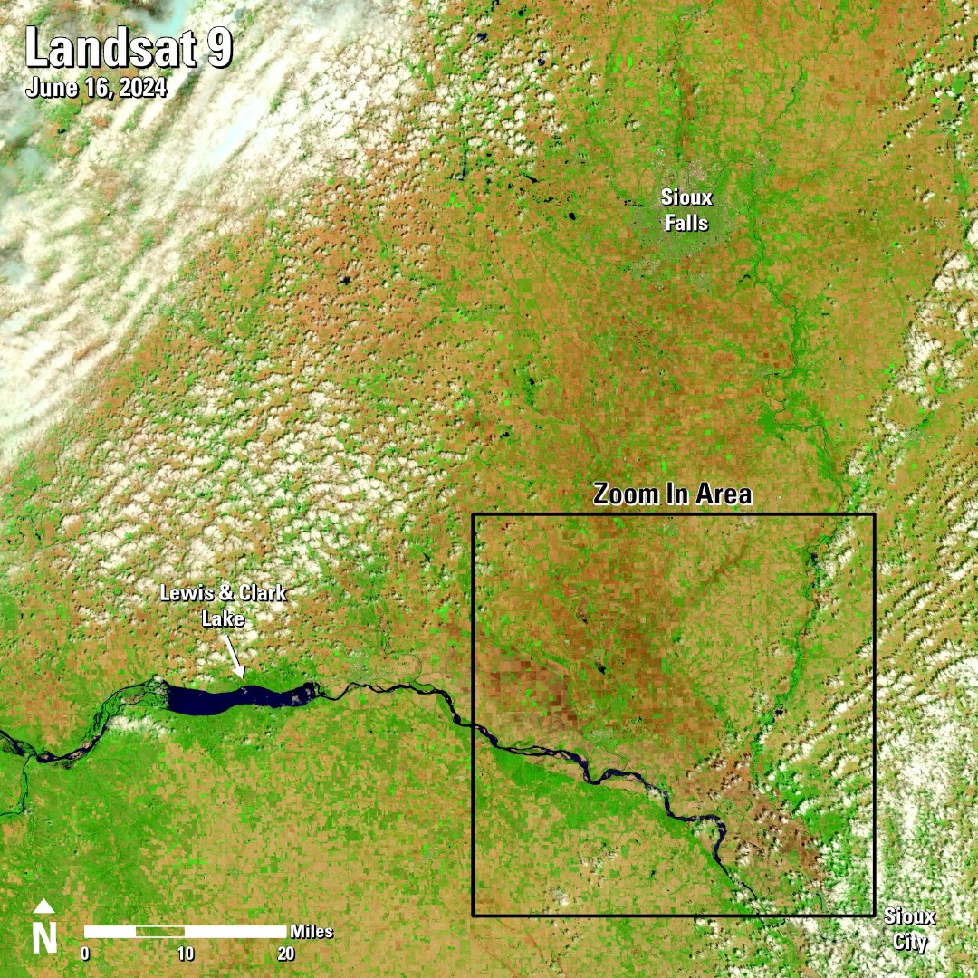 Landsat Satellite Image from June 16, 2024 over southeast South Dakota before historic flood eventLandsat Satellite Image from June 16, 2024, zoomed into the Big Sioux/Missouri River confluence area in extreme southeast South Dakota before historic flood event