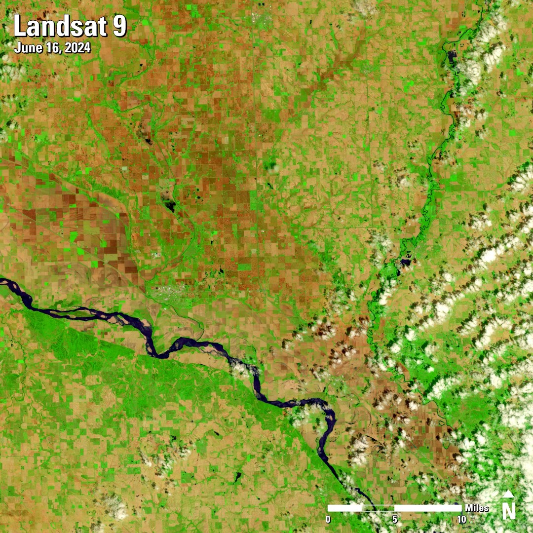 Landsat Satellite Image from June 16, 2024, zoomed into the Big Sioux/Missouri River confluence area in extreme southeast South Dakota before historic flood event