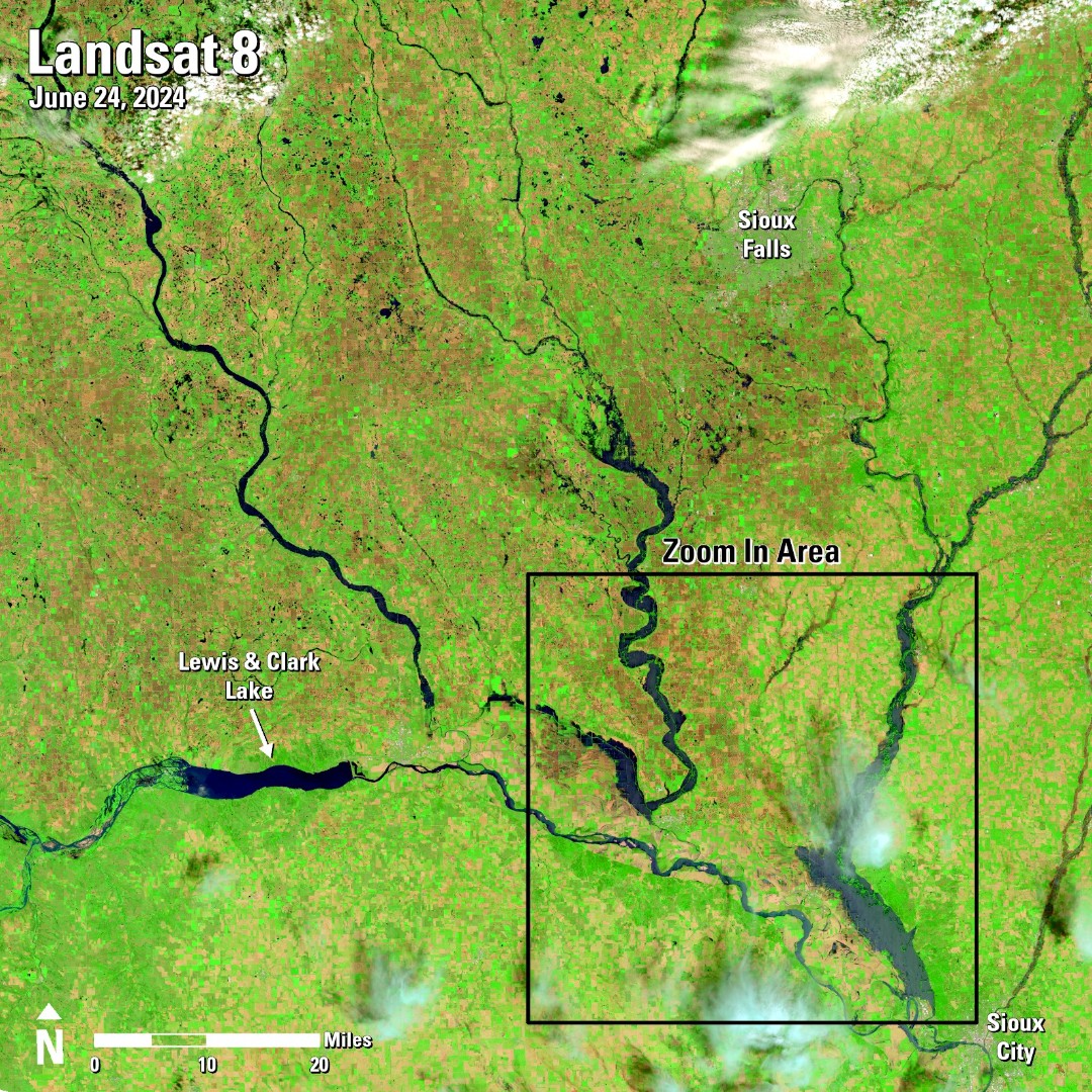 Landsat Satellite Image of southeast South Dakota near the peak of an historic flood event on June 24, 2024