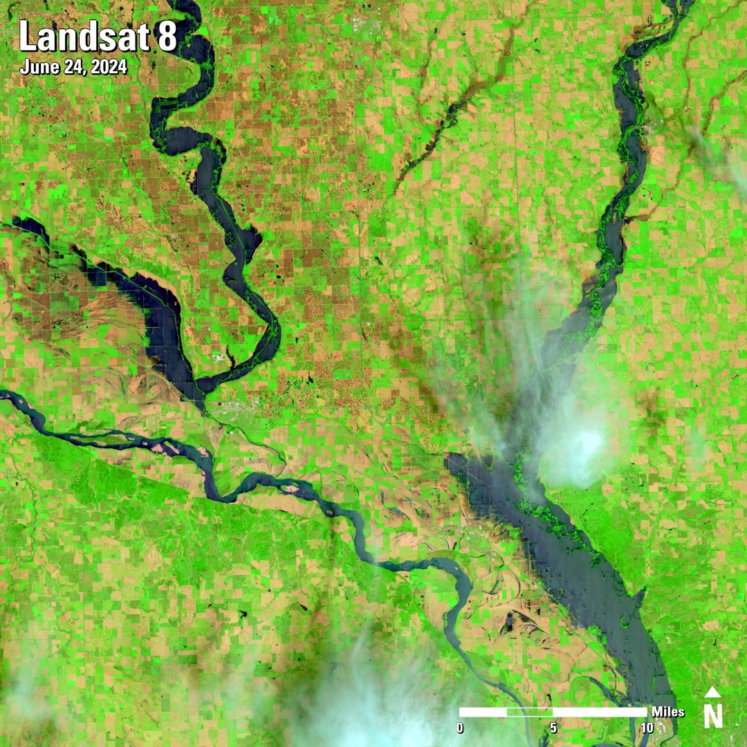 Landsat Satellite Image zoomed into the Big Sioux/Missouri River confluence area in extreme southeast South Dakota near the peak of an historic flood event on June 24, 2024