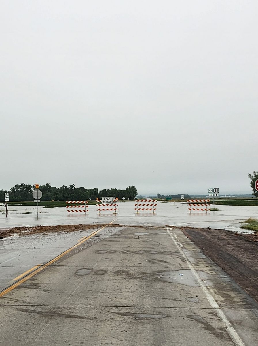 Photo of flood waters across the intersections of Highway 44 and 81 in southeast South Dakota