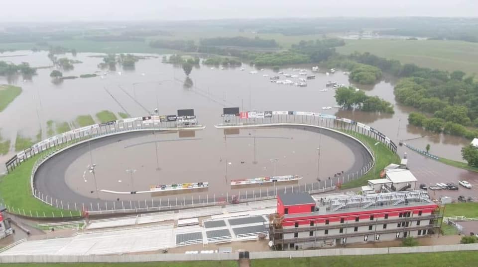 Aerial Photo of flooded camping area and race track/infield at Huset's Speedway in Brandon, SD