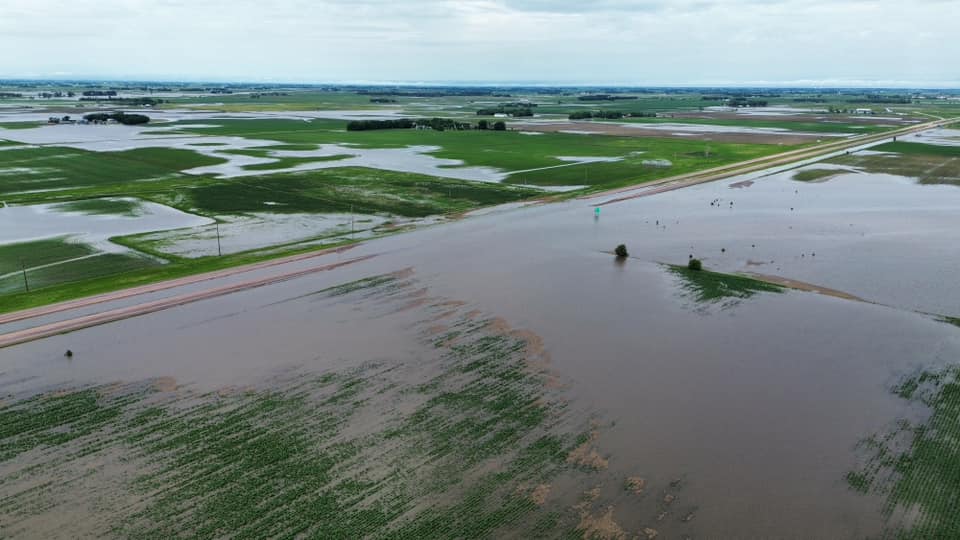 Aerial Photo of overland flooding along I-29 near mile marker 60 in southeast South Dakota