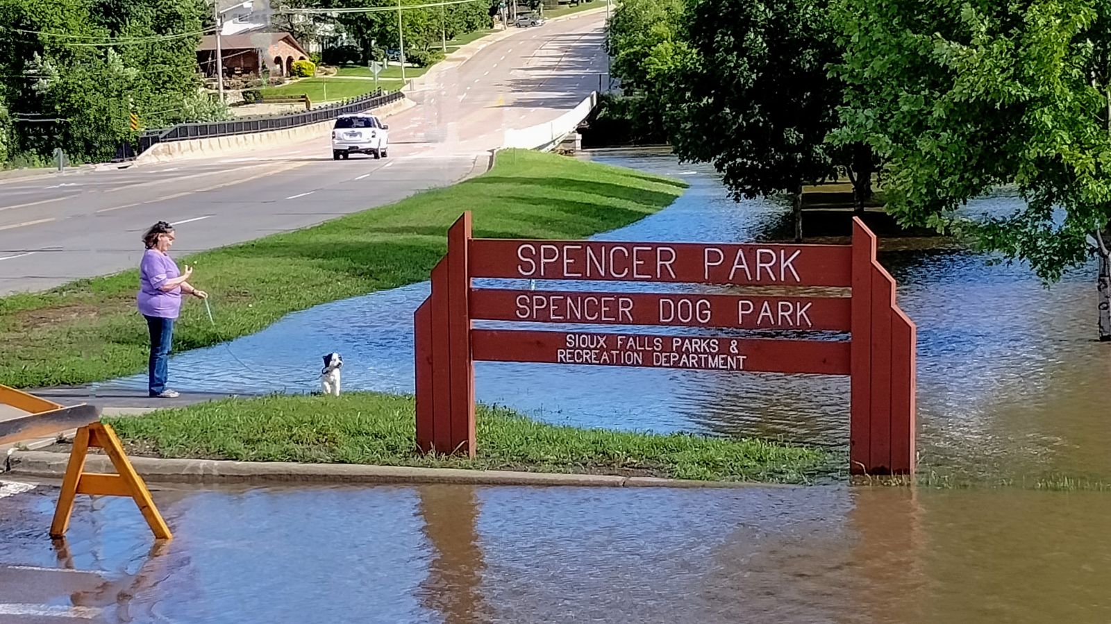 Photo of flooding at the entrance to Spencer Dog Park in southern Sioux Falls, SD