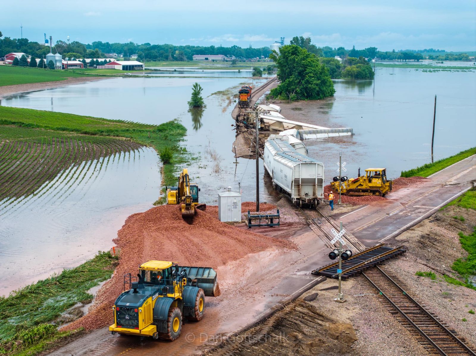 Aerial Photo of a train derailment due to a compromised railroad bridge south of Alvord Iowa