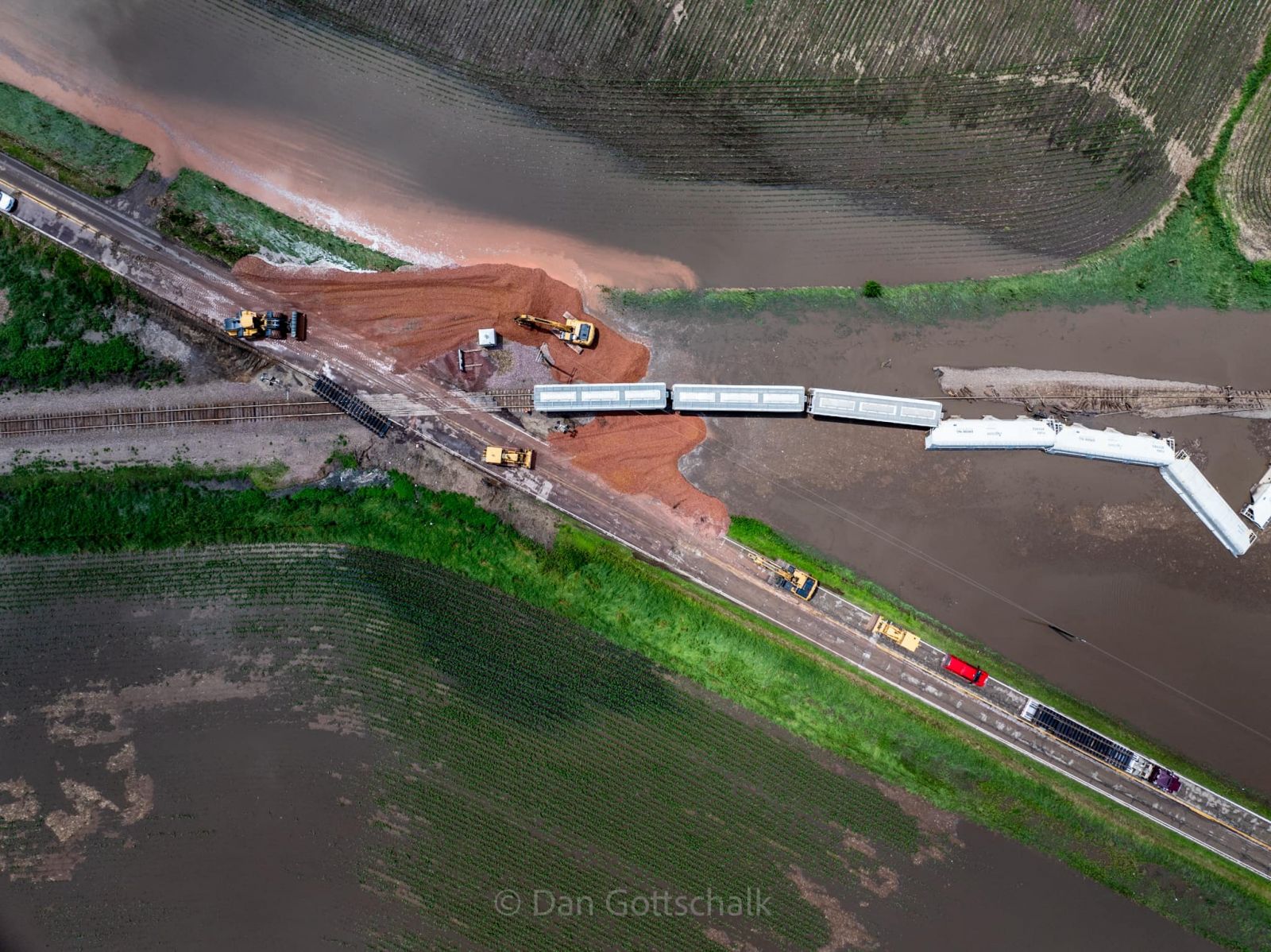 Aerial Photo of a train derailment due to a compromised railroad bridge south of Alvord Iowa