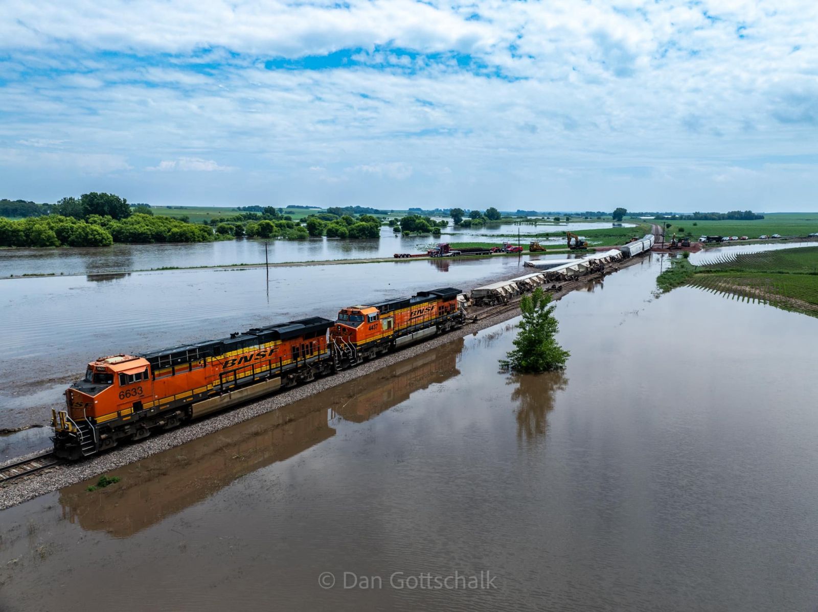 Aerial Photo of a train derailment due to a compromised railroad bridge south of Alvord Iowa