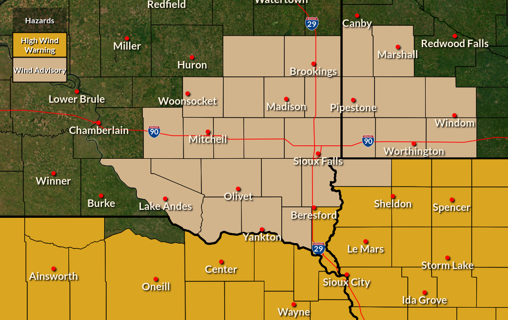 Wind Advisory and High Wind Warnings were in effect for most of the area.