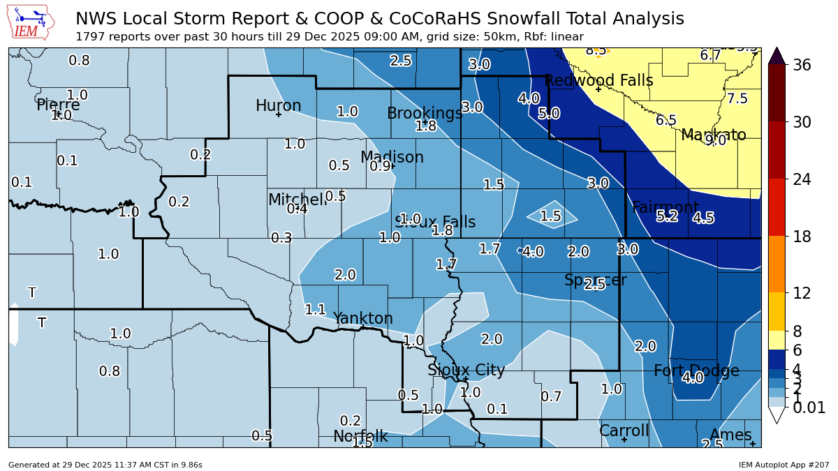 Map of snowfall reports from December 28-29, 2025. Highest widespread totals of 3 to 4 inches or more occurred from Marshall to Windom Minnesota, with 1 to 2 inches more common over the remainder of southwest Minnesota, northwest Iowa and southeast South Dakota east of Highway 281.