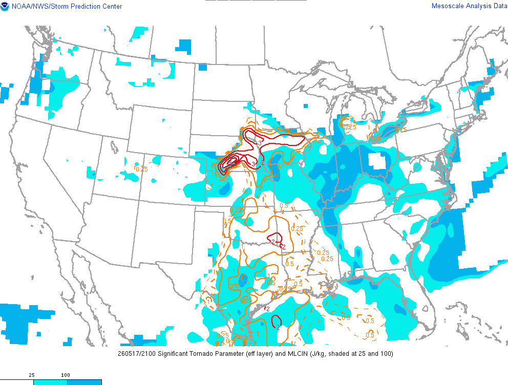 SPC Significant Tornado Parameter at 4 PM Sunday