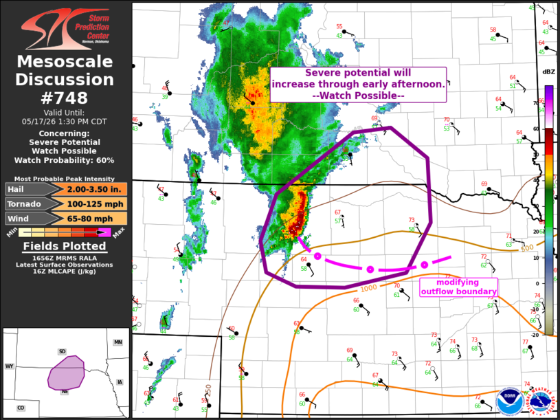 SPC Mesoscale Discussion issued 1158 AM shows radar images of storms tracking through south central South Dakota.