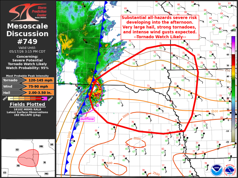 SPC Mesoscale Discussion issued at 111 PM shows radar images of storms tracking through south central South Dakota, highlighting southeast South Dakota for future severe storms.