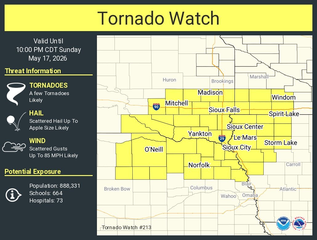 Tornado Watch for much of the region issued around 145 PM and in effect through 10 PM CDT