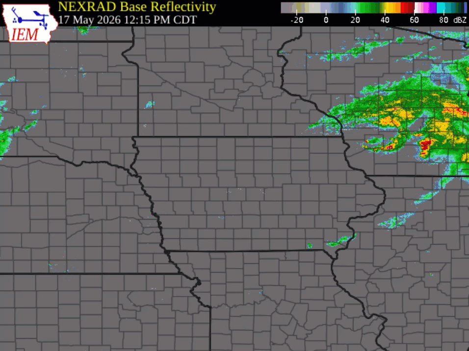 Radar reflectivity loop of severe storms, watches, and warnings across the region on Sunday May 17th, 2026
