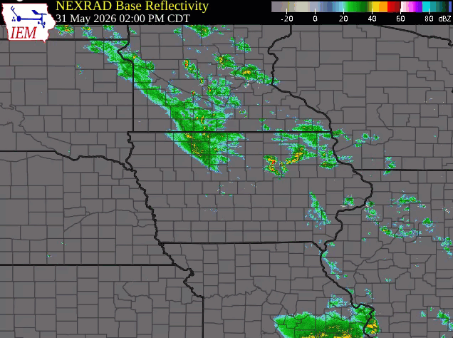 Radar reflectivity from afternoon and evening of May 31, 2026