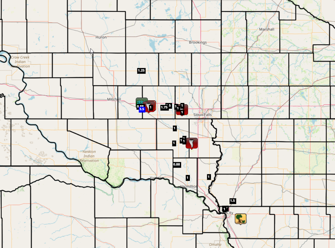 Map of hail, tornado, and wind reports