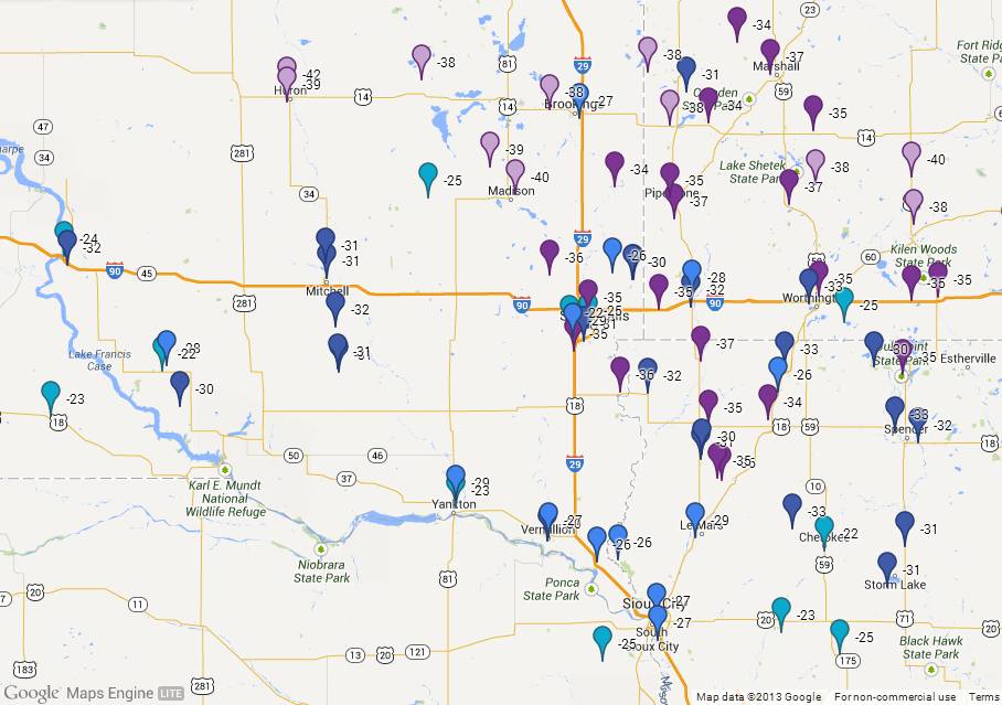 Map of coldest wind chill readings reported on the morning of December 23, 2013