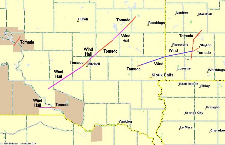 Map showing the path of the most significant storms that occurred on 16 June 1992.  A magenta line signifies wind and hail damage, a blue line signifies wind damage, and a red line signifies tornado damage. 