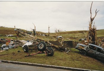  Picture of the Don and Debbie Buys residence after the tornado moved through Chandler.  Taken 17 June 1992. 