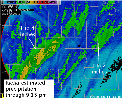 Radar estimated rainfall on June 5, 2008