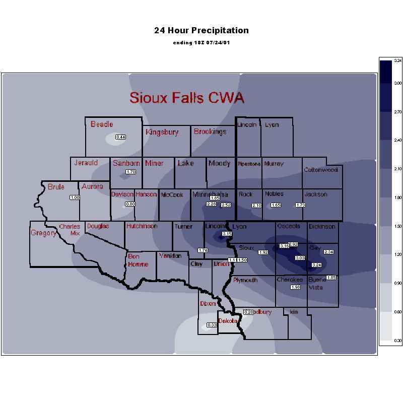 Precipitation Map for July 24, 2001...Data in text can be found below.