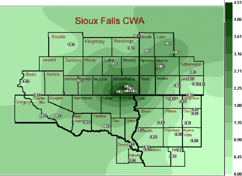 Map of rainfall amounts from evening and overnight of May 29, 2004.  Click on map to enlarge.